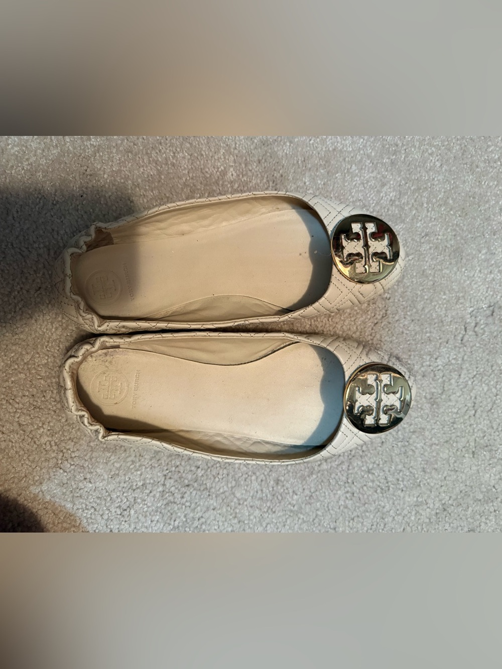 Tory Burch Cream Quilted Ballet Flats with Gold Logo Medallion